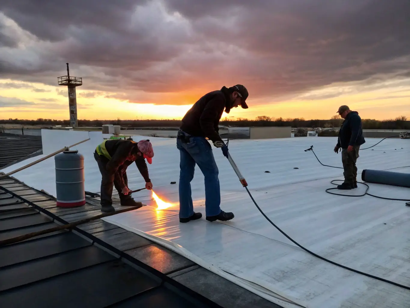 A team of Meir Stoller professionals applying a high-quality waterproof membrane to a commercial building's roof, showcasing their expertise and attention to detail.