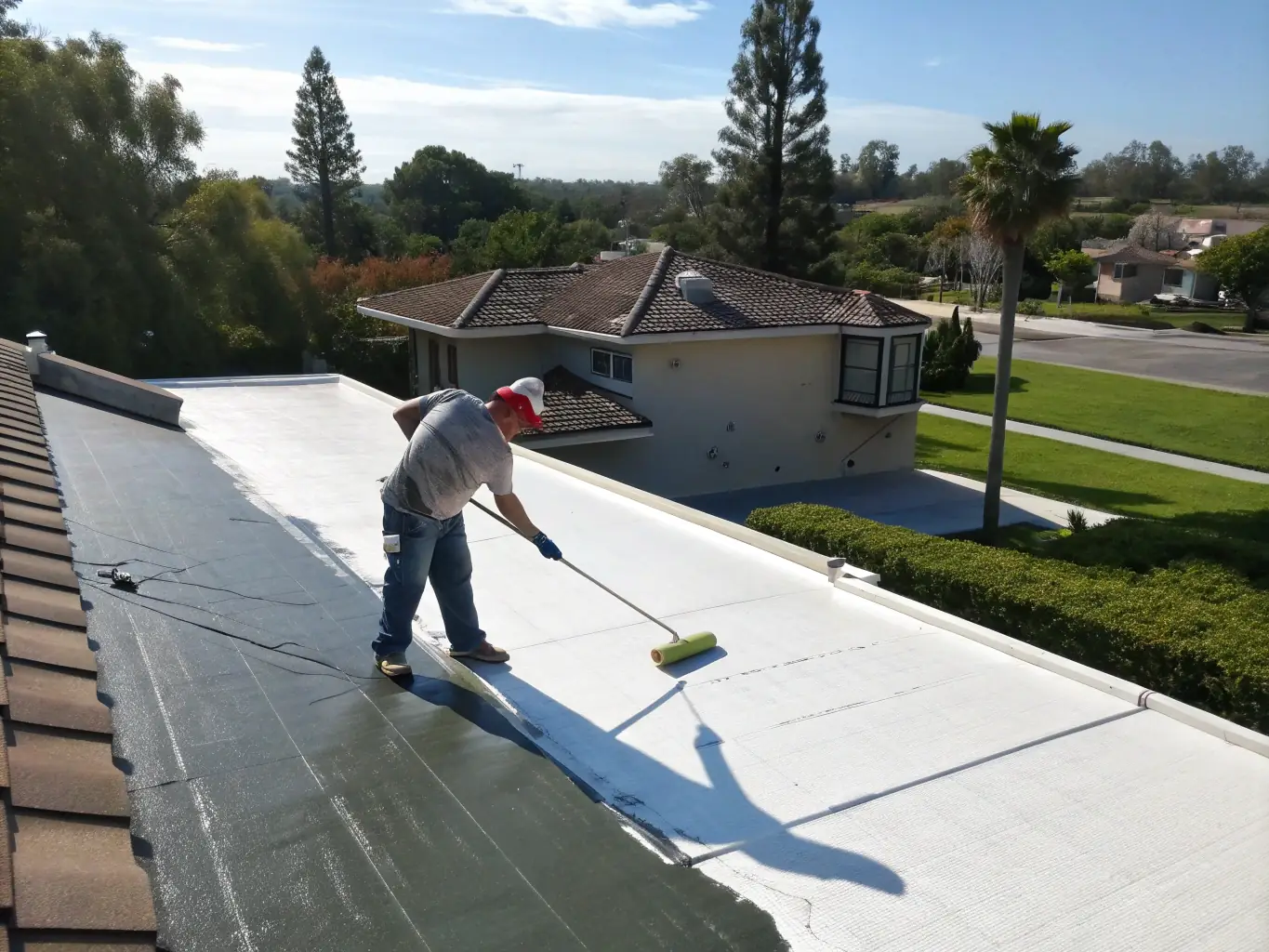 A high-angle shot of a crew applying a waterproof membrane to a flat roof on a sunny day, showcasing the meticulous application process.