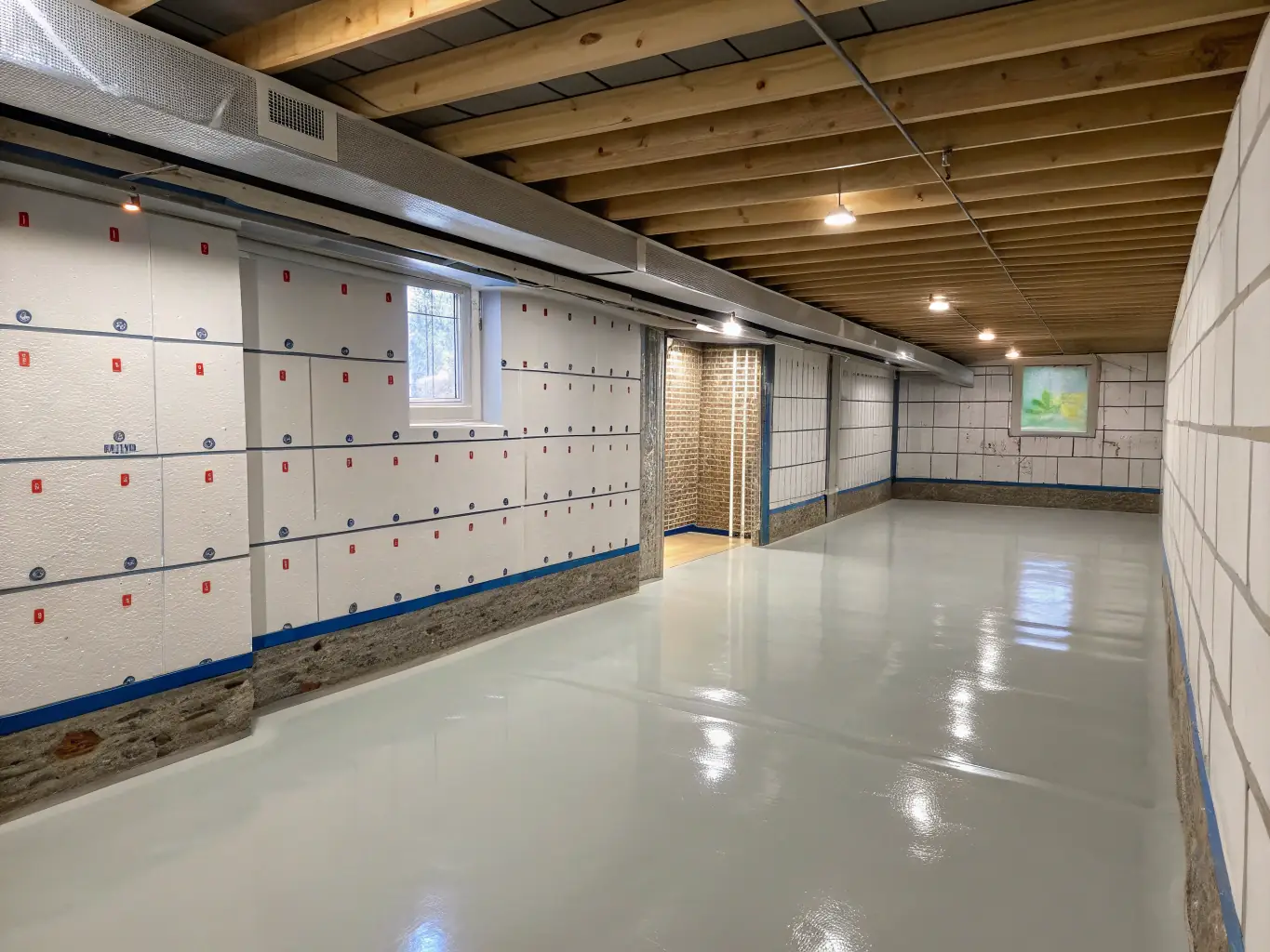 A professionally waterproofed basement with a sump pump and vapor barrier, illustrating a dry and usable underground space.