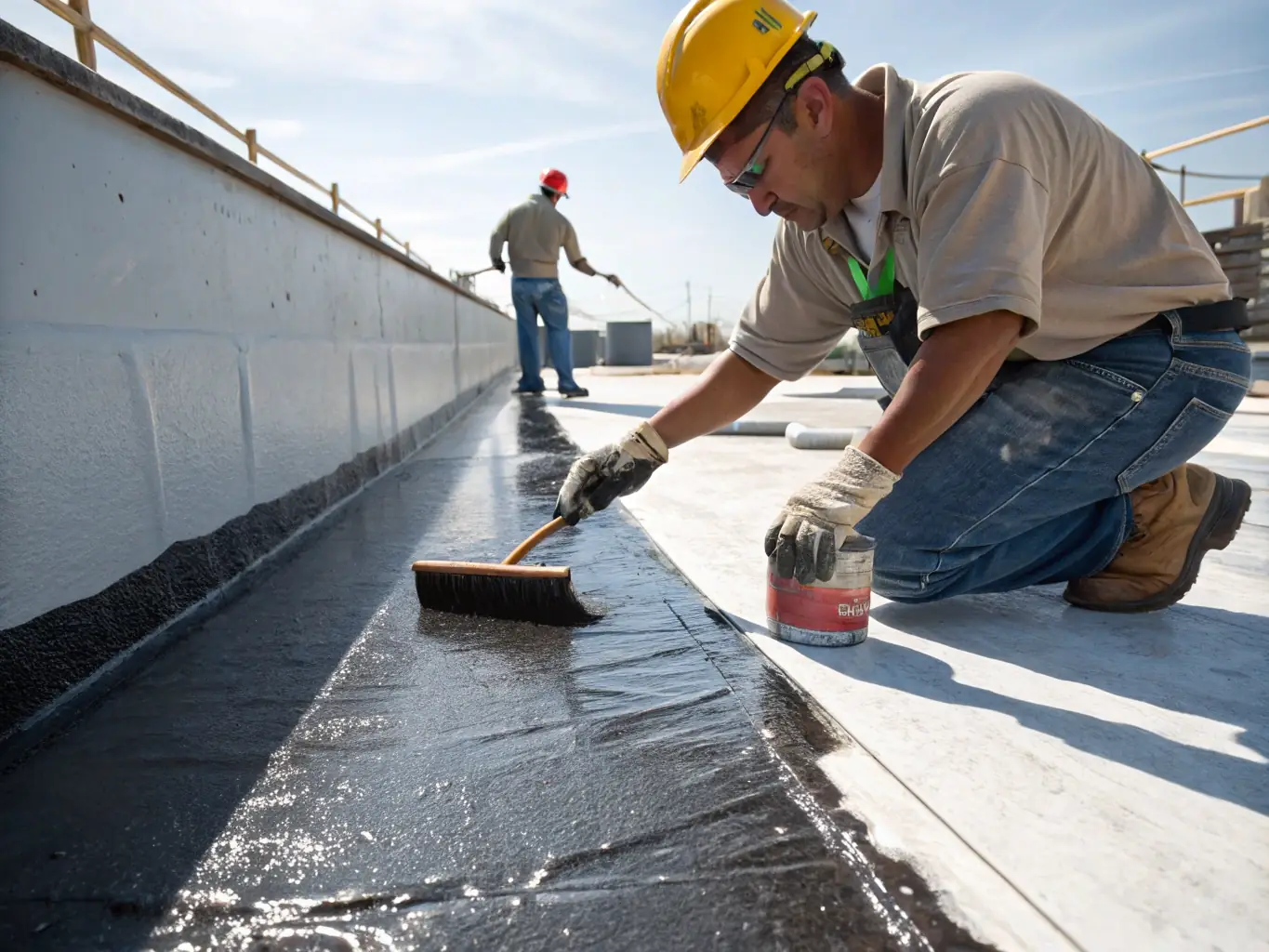 A close-up of a technician applying a waterproof coating to a building's exterior wall, highlighting the precision and care taken during the process.